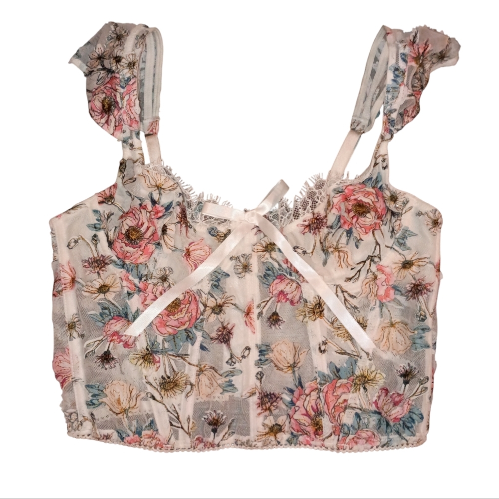 Victoria's Secret White Floral Lace Bralette with Pink & Blue Flowers